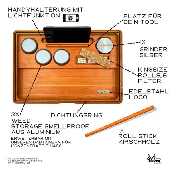 Draufsicht des Dab ’n Roll® XT Essential Sets mit Zubehör – Handyhalterung, 3 Aluminium-Behälter, Grinder, Rolls & Filter, Edelstahl-Logo
