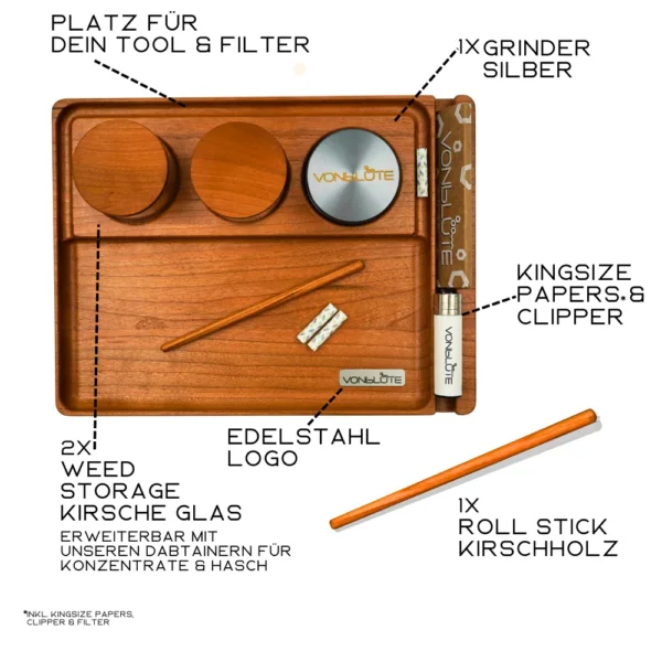Rolling Tray Chill One Essential Set in Draufsicht – Rollingtray mit kompletter Ausstattung: geruchsdichte Behälter, VONbLÜTE Grinder, Tools und Platz für Papers & Filter