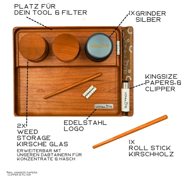 Rolling tray Chill One Premium Set in Draufsicht – Rollingtray mit Beschriftung der Ausstattung: geruchsdichte Behälter, VONbLÜTE Grinder, Ablage für Papers, Tools und Zubehör