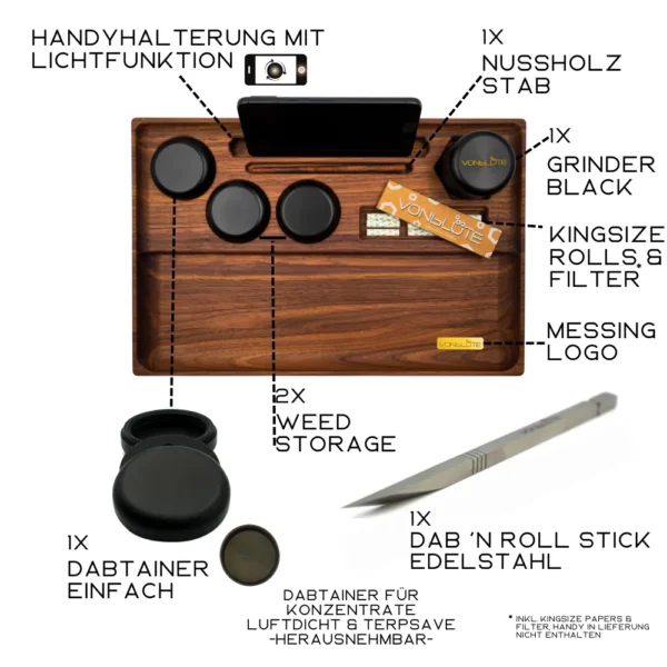 Beschriftete Draufsicht des Rolling Tray Dab ’n Roll® Luxury Sets mit markierten Komponenten