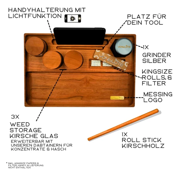 Beschriftete Draufsicht des Rolling Tray Dab ’n Roll® Premium Sets mit markierten Funktionen und Komponenten