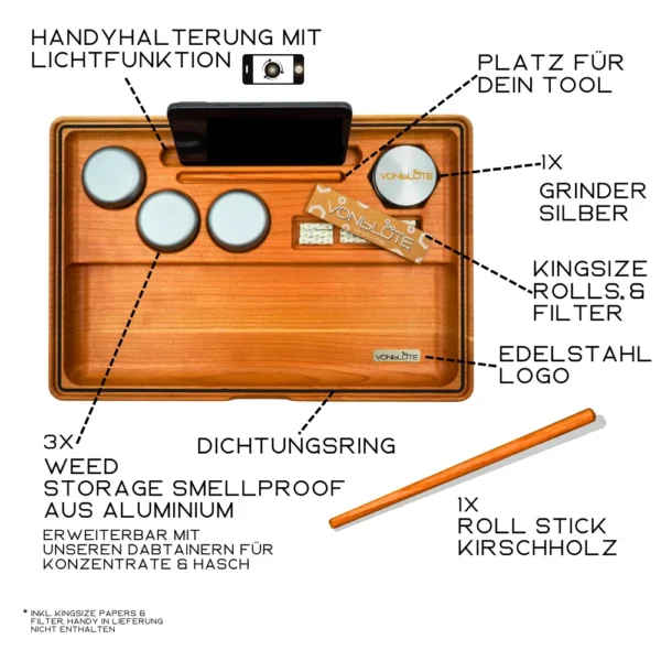 Draufsicht des Dab ’n Roll® XT Essential Sets mit Zubehör – Handyhalterung, 3 Aluminium-Behälter, Grinder, Rolls & Filter, Edelstahl-Logo
