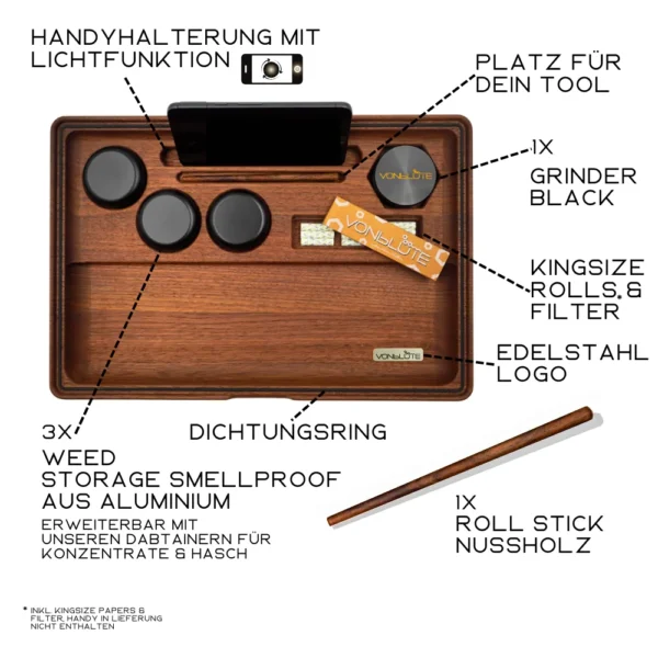 Beschriftete Draufsicht des Dab ’n Roll® XT Premium Sets mit Glasdeckel, Smellproof Storage und weiteren Zubehörteilen