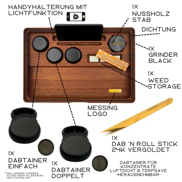 Dab ’n Roll® XT Signature Set – Gesamtansicht beschreibend mit Nussholz, Smellproof Storage und Zubehör
