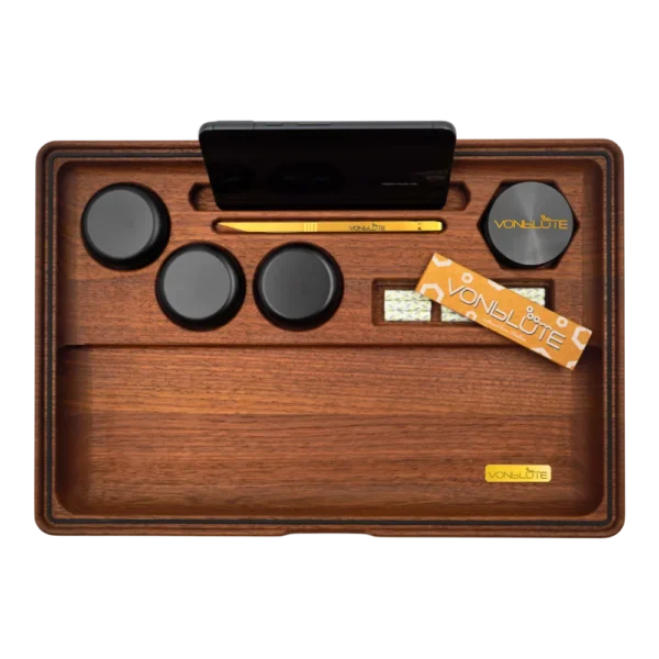 Rolling Tray Dab 'n Roll XT Signature Set – Glasverschluss in hochwertigem Design Produktbild mit Nussholz, Smellproof Storage und hochwertigem Zubehör