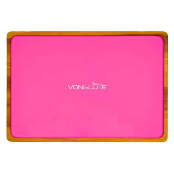 Rolling Tray Float Knockout Pink by VONbLÜTE® aus Holz – Draufsicht mit pinker Glasfläche, freigestellt von oben