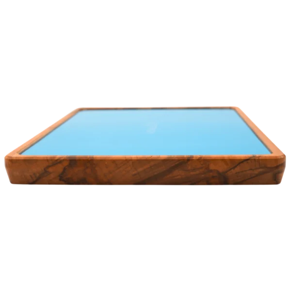 Rolling Tray Float Skyblue Edition Pink von VONbLÜTE aus Nussbaumholz mit hellblauem Glaseinsatz, leer von links Detailansicht