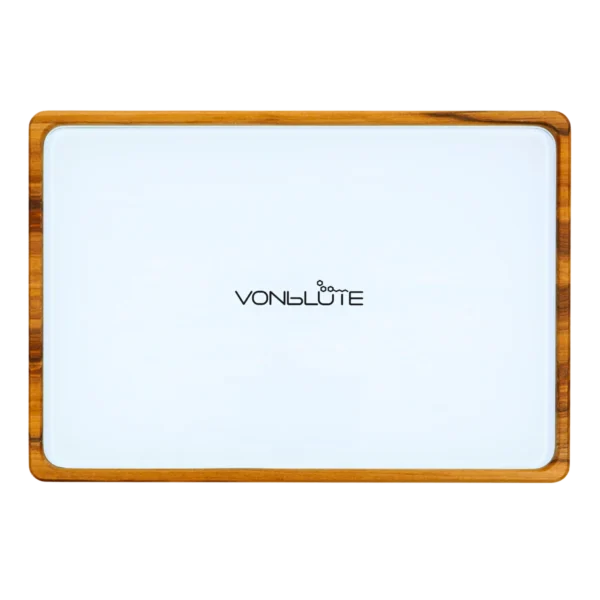 Rolling Tray Float Weiß by VONbLÜTE® aus Holz – Draufsicht mit weißer Glasfläche, freigestellt von oben