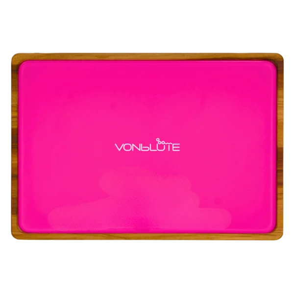 Rolling Tray Float Knockout Pink Edition Black von VONbLÜTE aus Nussbaumholz mit pinkem Glaseinsatz, leer von oben