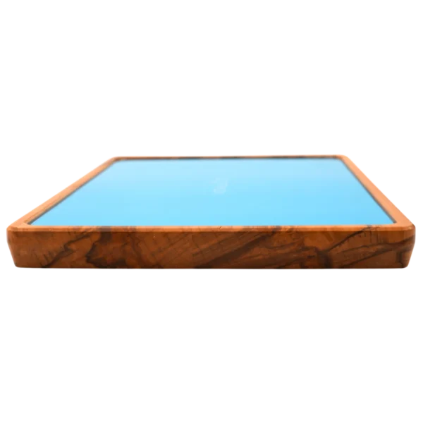 Rolling Tray Float Skyblue Edition Black von VONbLÜTE aus Nussbaumholz mit hellblauem Glaseinsatz, leer von links Detailansicht