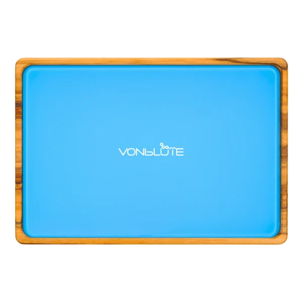 Rolling Tray Float Sky Blue by VONbLÜTE® aus Holz – Draufsicht mit hellblauer Glasfläche, freigestellt von oben