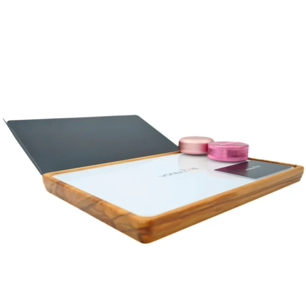 Rolling Tray Float Weiss Edition Pink mit Tablet Beschreibung