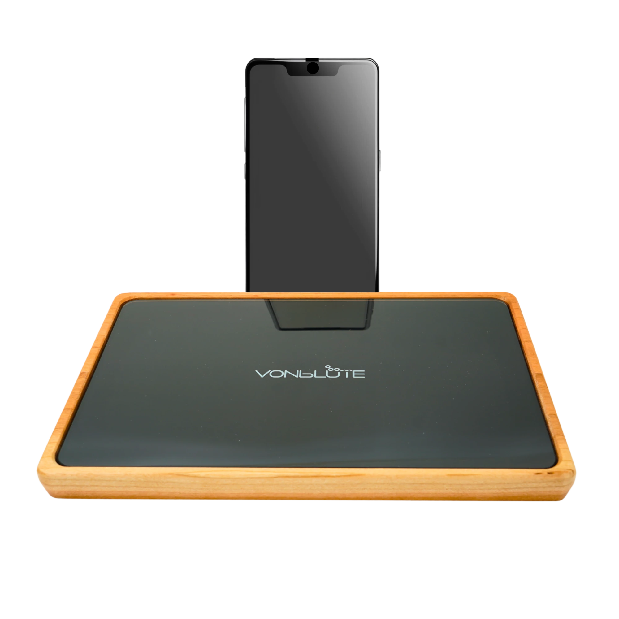 Rolling Tray Float Red Tone Black Edition Black von VONbLÜTE aus Nussbaumholz mit schwarzem Glaseinsatz, leer von vorne mit Handy.