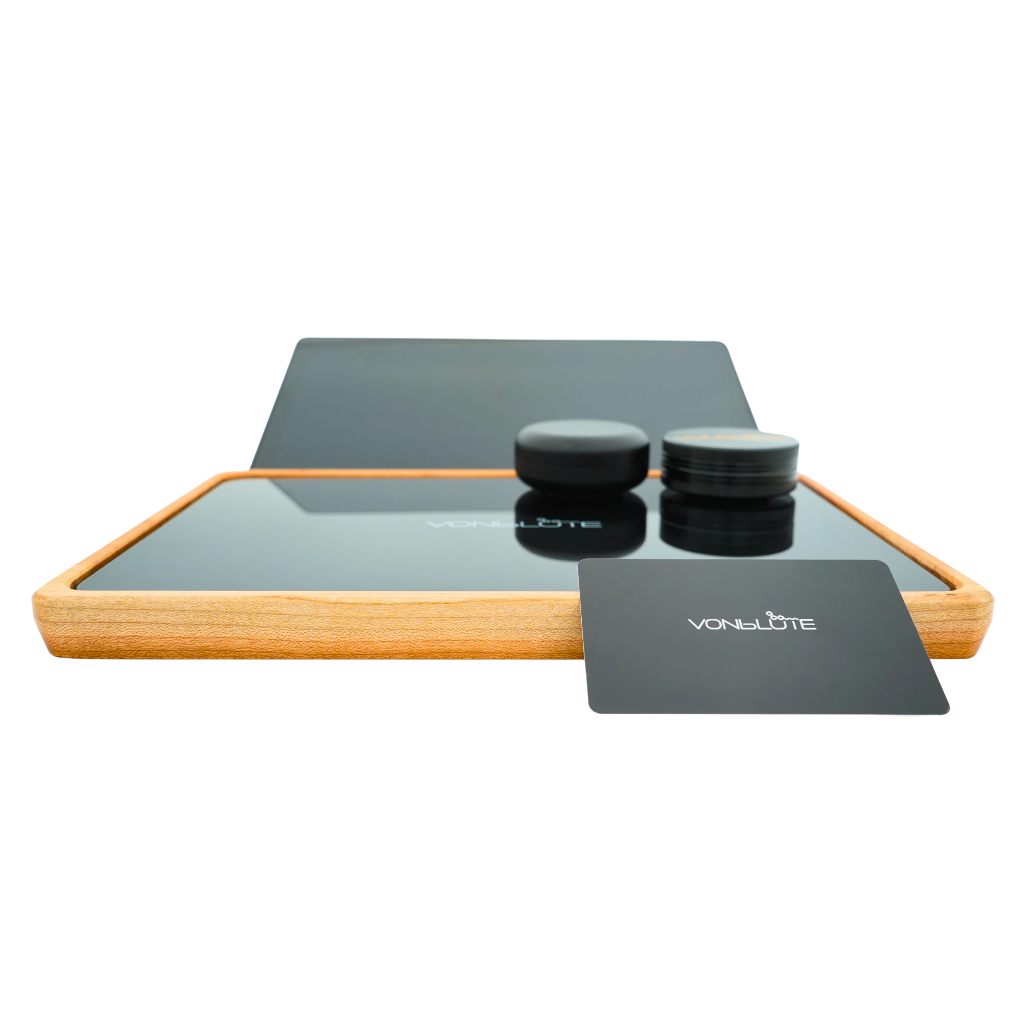 Rolling Tray Float Red Tone Black Edition Black by VONbLÜTE® mit schwarzem Glaseinsatz, Handy, Grinder, Dose, frontal.