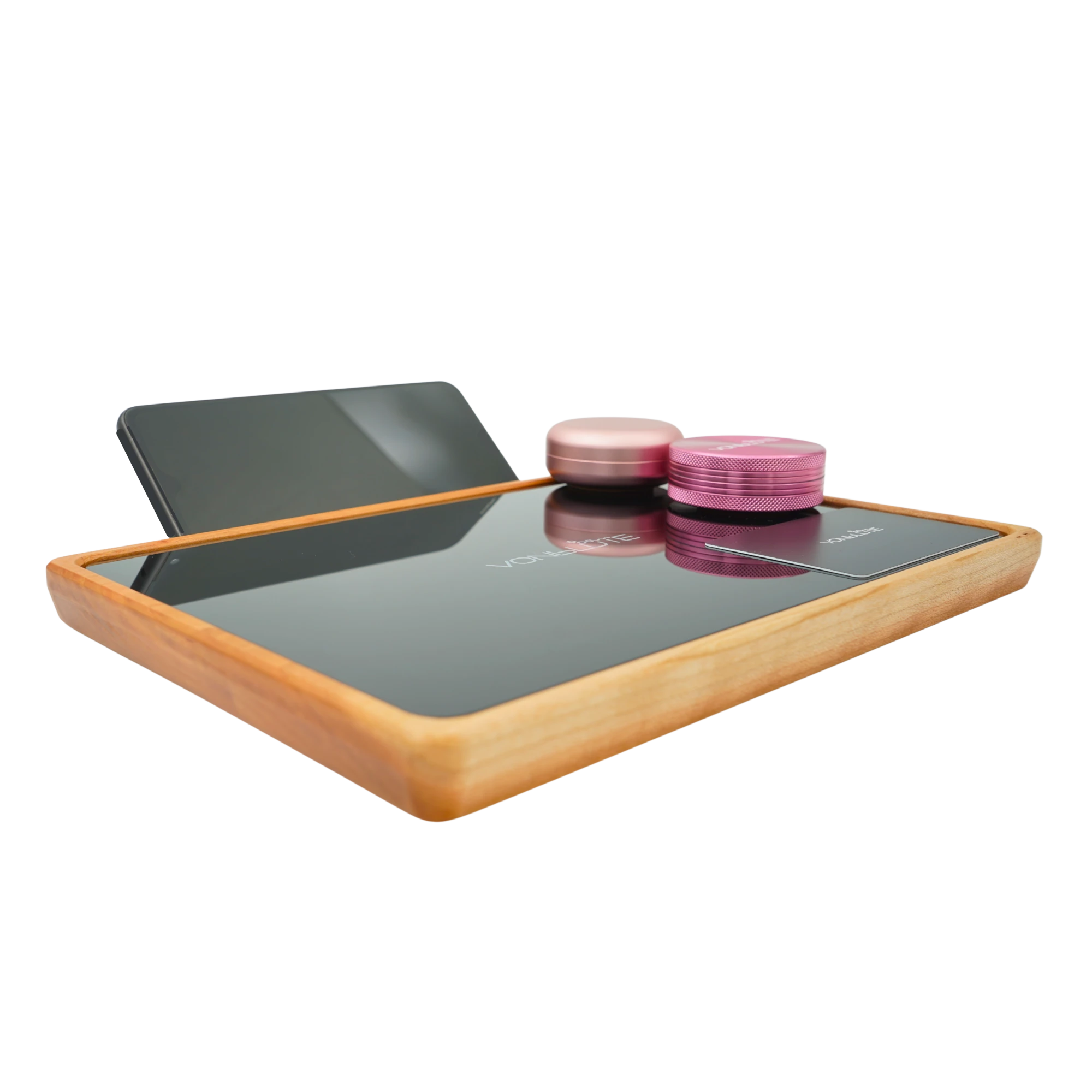Rolling Tray Float Red Tone Black Edition Pink von VONbLÜTE aus Nussbaumholz mit schwarzem Glaseinsatz, Handy, Grinder, Dose und Karte. Ansicht von links