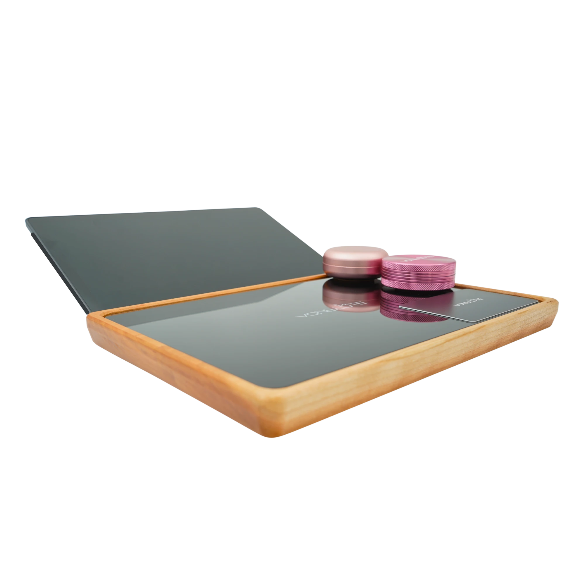Rolling Tray Float Red Tone Black Edition Pink von VONbLÜTE aus Nussbaumholz mit schwarzem Glaseinsatz, leer von vorne mit Tablet Videofunktion.