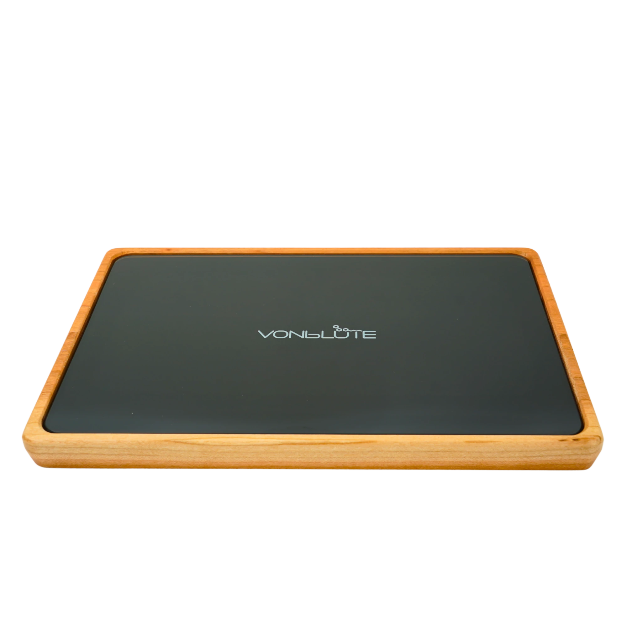 Rolling Tray Float Red Tone Black by VONbLUETE leere schwarze Glasfläche , Nussholzrahmen, Draufsicht frontal