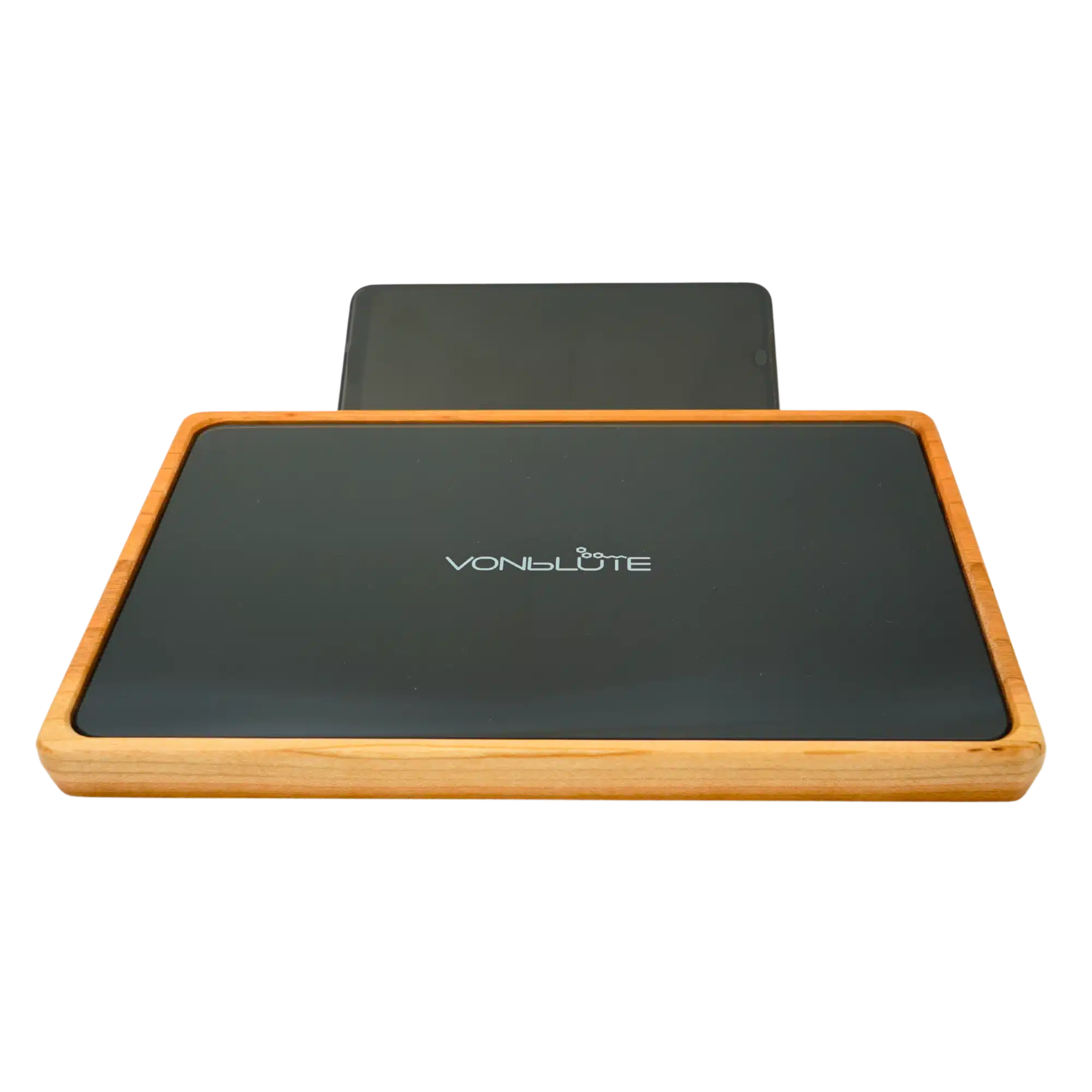 Rolling Tray Float Red Tone Black by VONbLUETE mit schwarzer Glasscheibe, Handy auf Adapter, nussholzrahmen. Frontalansicht