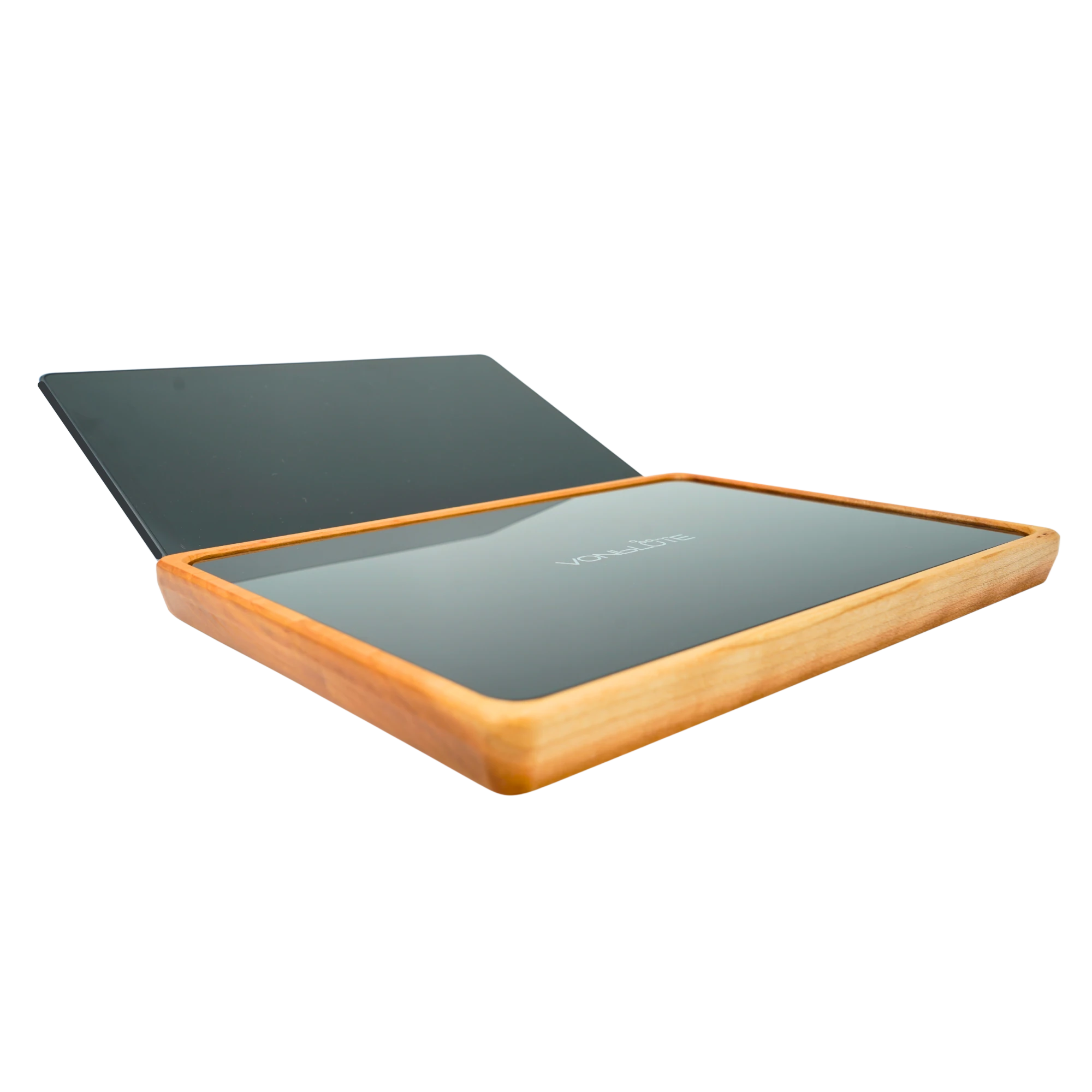 Rolling Tray Float Red Tone Black by VONbLUETE mit Tablet & Adapter von links. Mit Nussholzrahmen