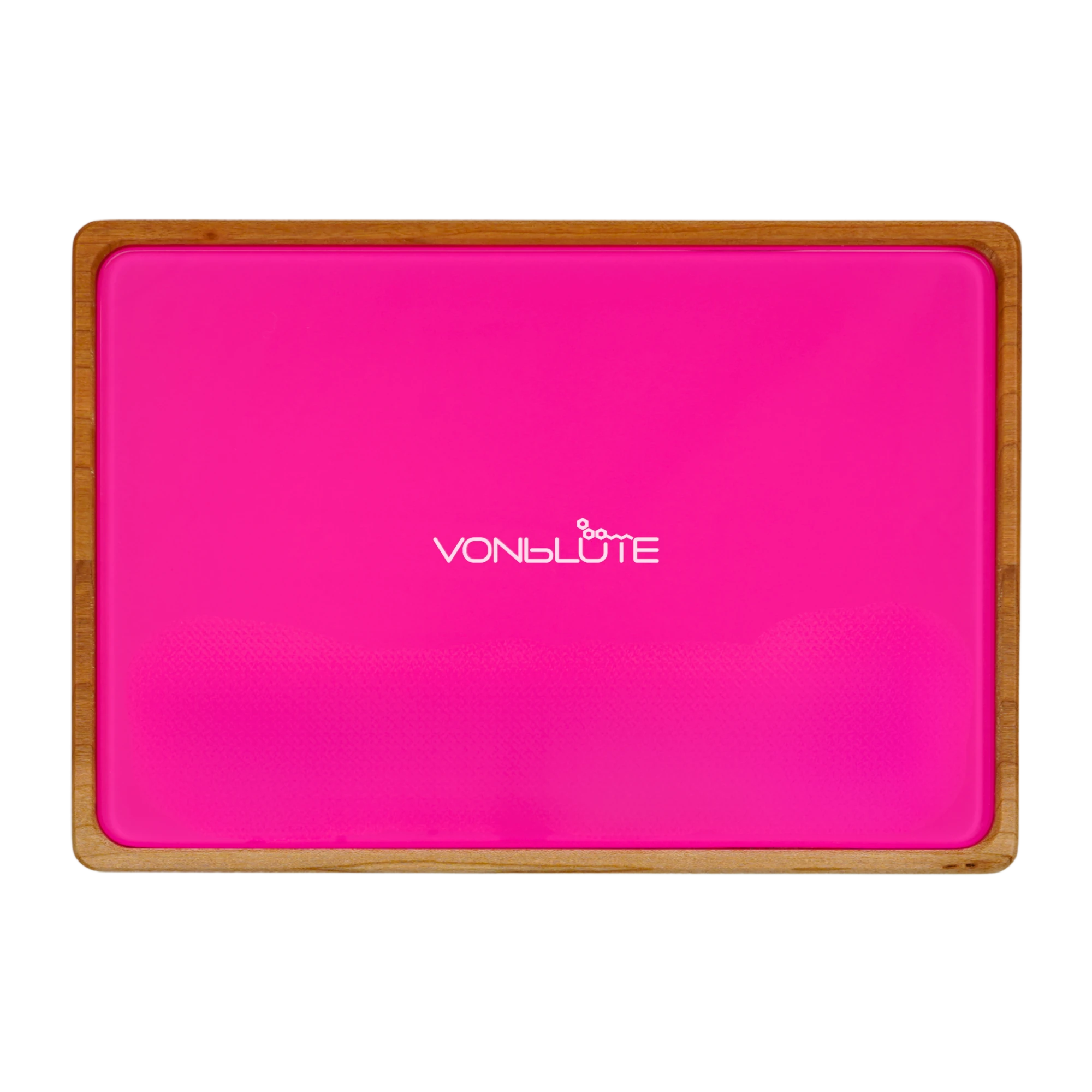 Rolling Tray Float Red Tone Knockout Pink Edition Black in der Draufsicht. Zu sehen weiße Glasscheibe mit VONbLÜTE Logo in schwarz mit wunderschönem Nussholzrahmen.