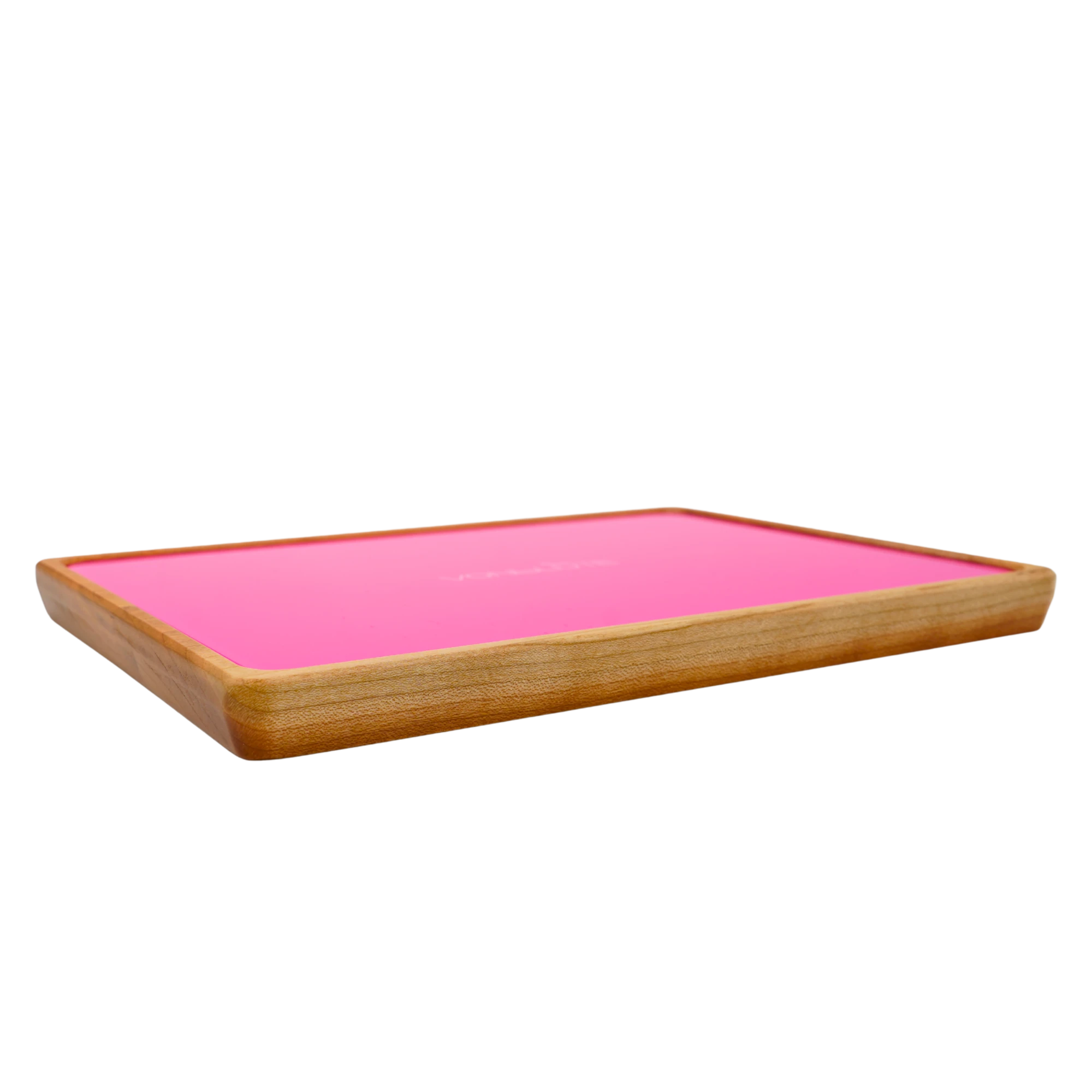 Rolling Tray Float Red Tone Knockout Pink Edition Black by VONbLUETE. Linke Detail Ansicht des Rahmens und der pinken glascheibe.