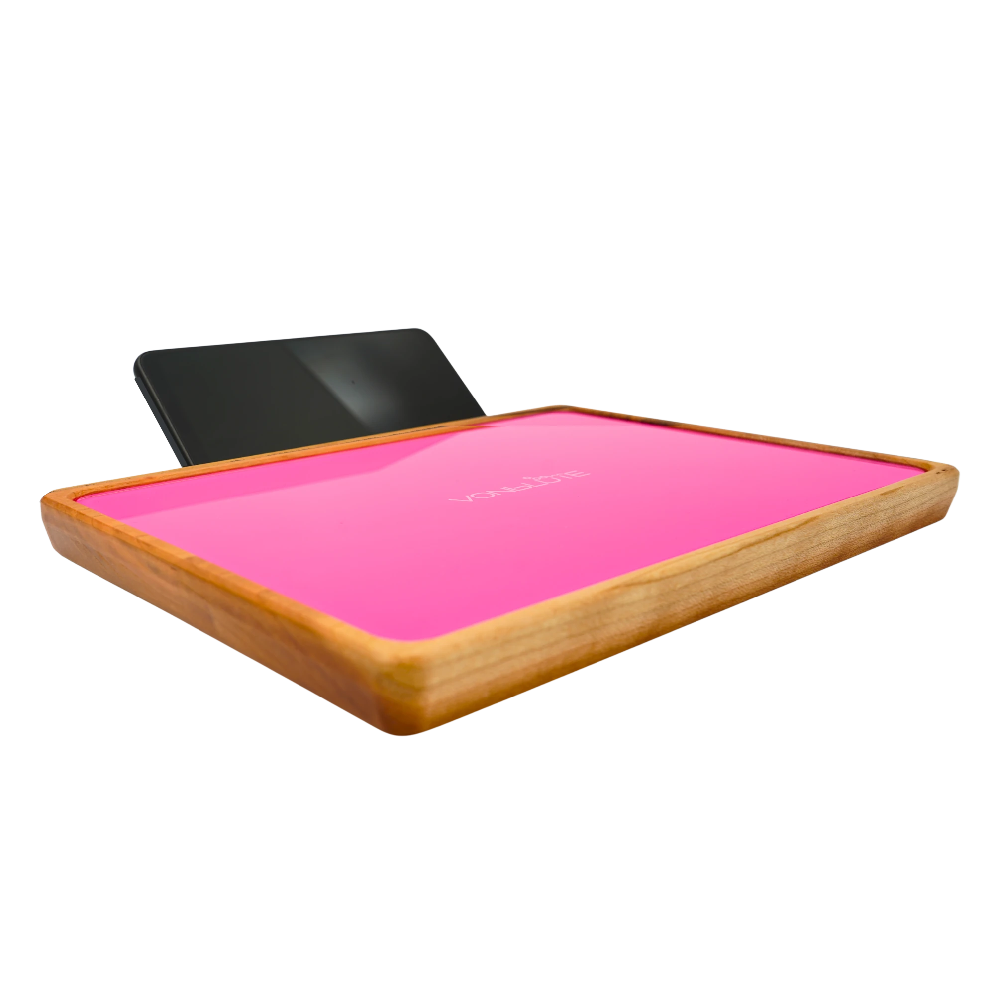 Rolling Tray Float Red Tone Knockout Pink by VONbLUETE. Von links mit pinker Glasscheibe un auf der Rückseite adaptiertem Handy.
