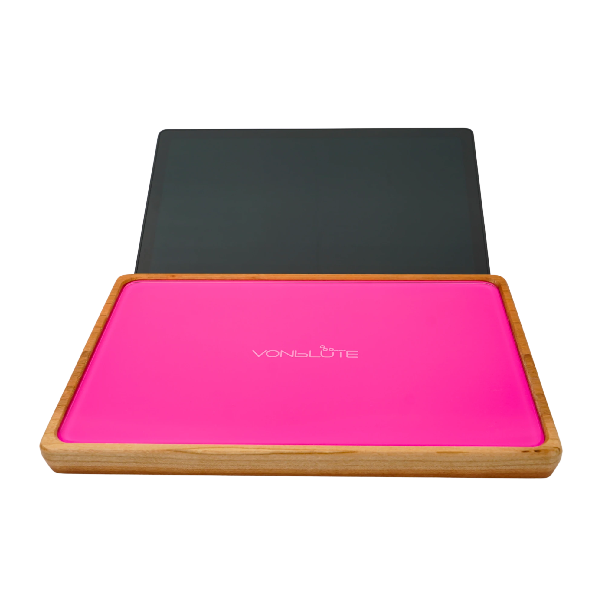 Rolling Tray Float Red Tone Knockout Pink by VONbLUETE. Frontale Ansicht mit Schwarzem Tablet.