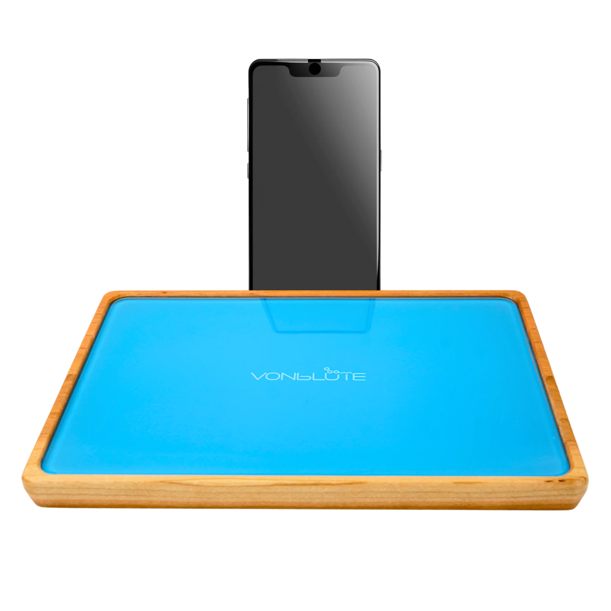 Rolling Tray Float Red Tone Sky Blue Edition Pink mit aufgestelltem Handy beschreibt die Funkton des Adapters für Videochat. Nussholzrahmen mit hellblauer Glasscheibe,