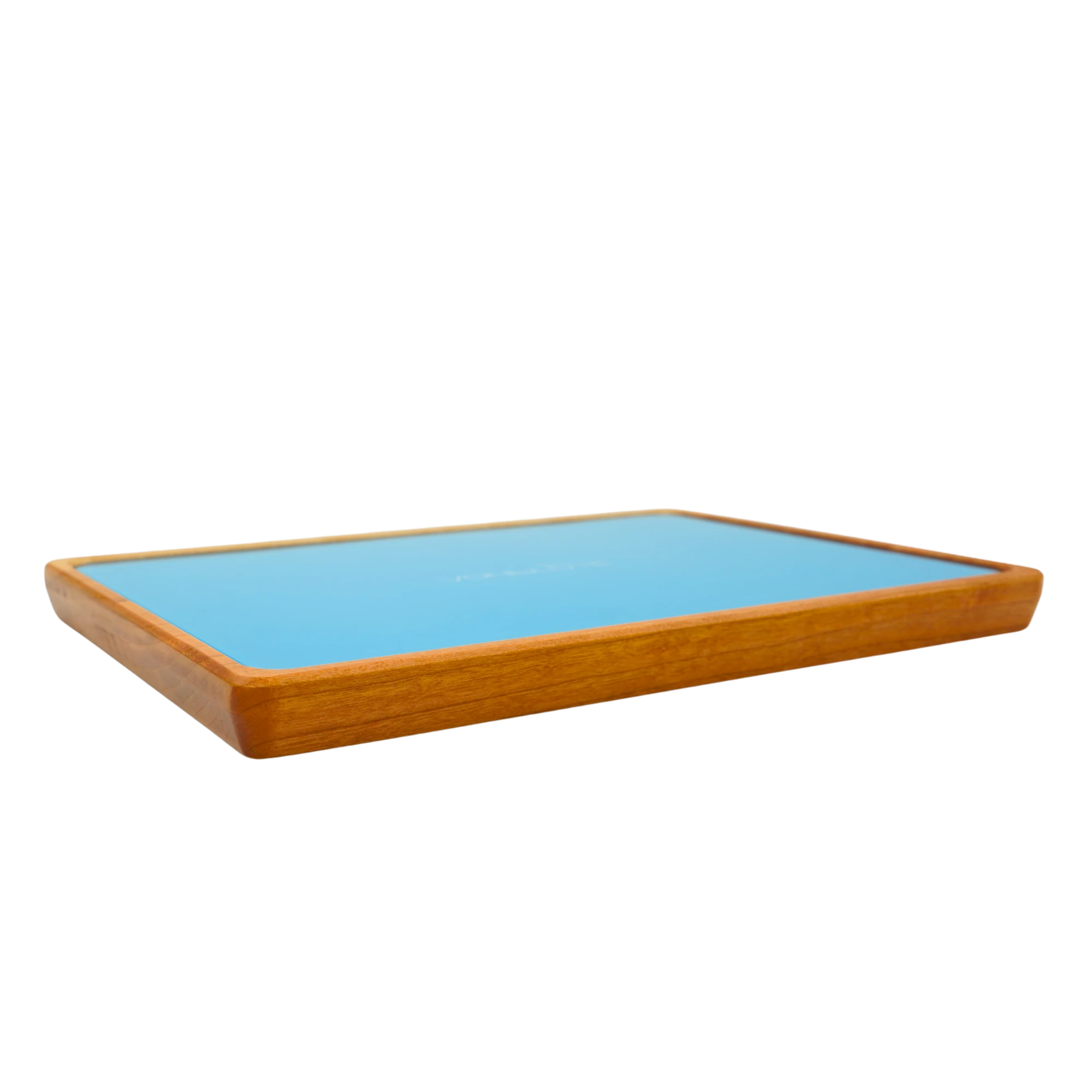 Rolling Tray Float Red Tone Sky Blue Edition Pink ansich des Holzrahmens von links mit hellblauer Glasscheibe.