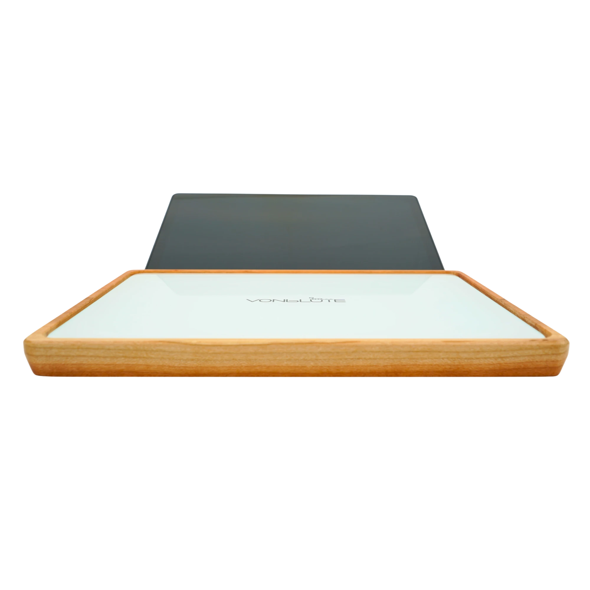 Rolling Tray Float Red Tone Weiß by VONbLÜTE® mit Holzrahmen und weißer Glasscheibe mit am Rücken adaptiertem Tablet.