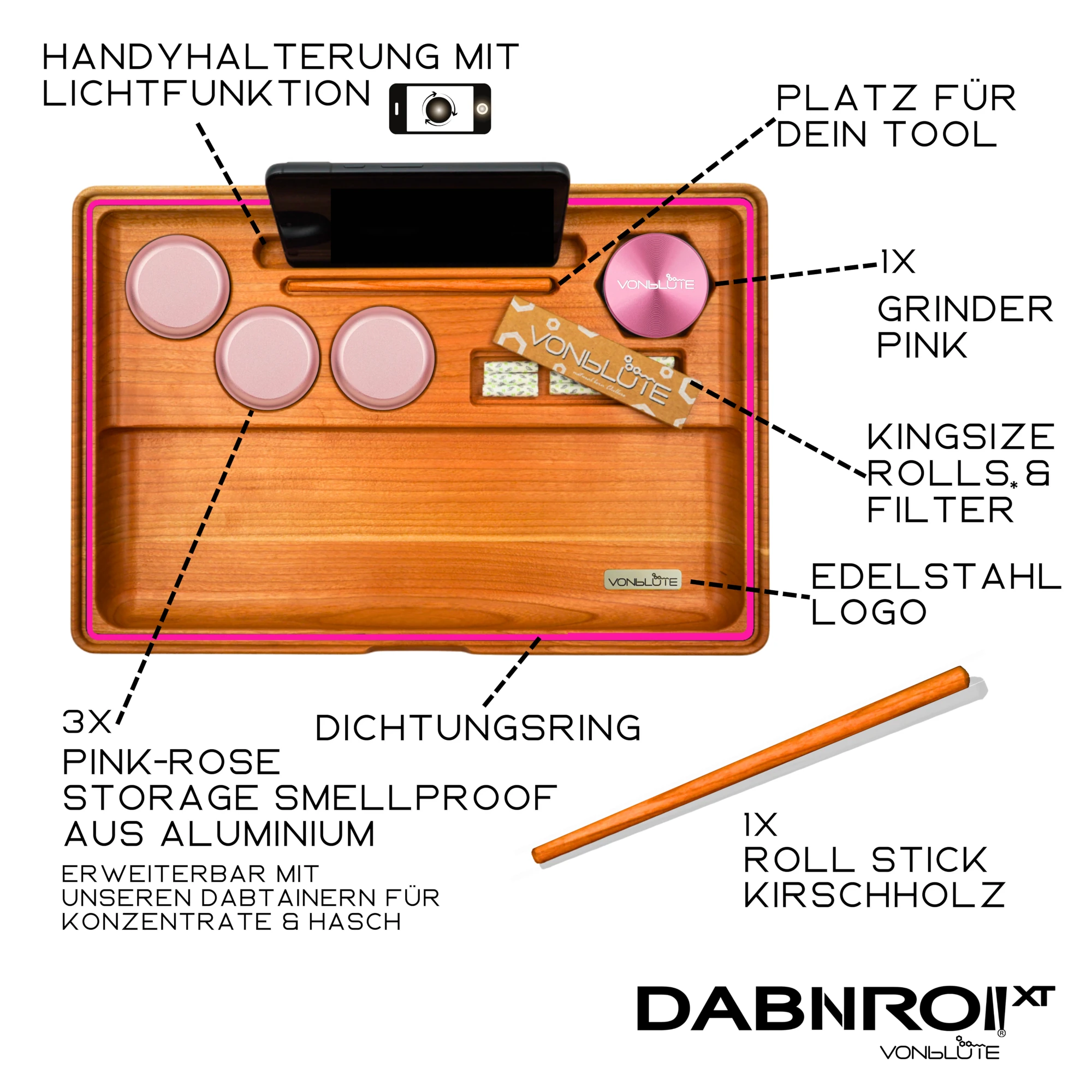Rolling Tray Dab ’n Roll XT Pink Essential Beschreibung des Inhaltes und aller Funktionen.