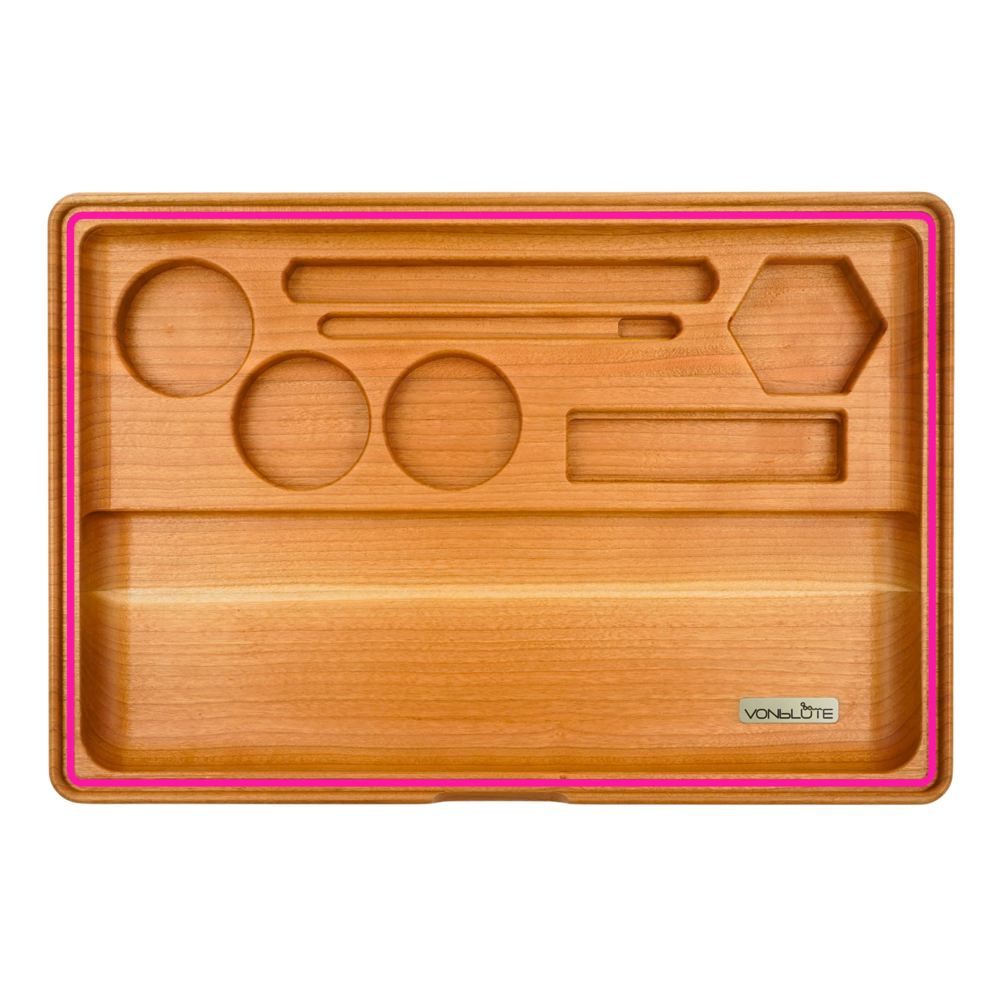 Rolling Tray Dab ’n Roll XT Pink Essential in der Gesamtaufnahme des des Innendesigns. Kirschholz und pinker Dichtungsring.