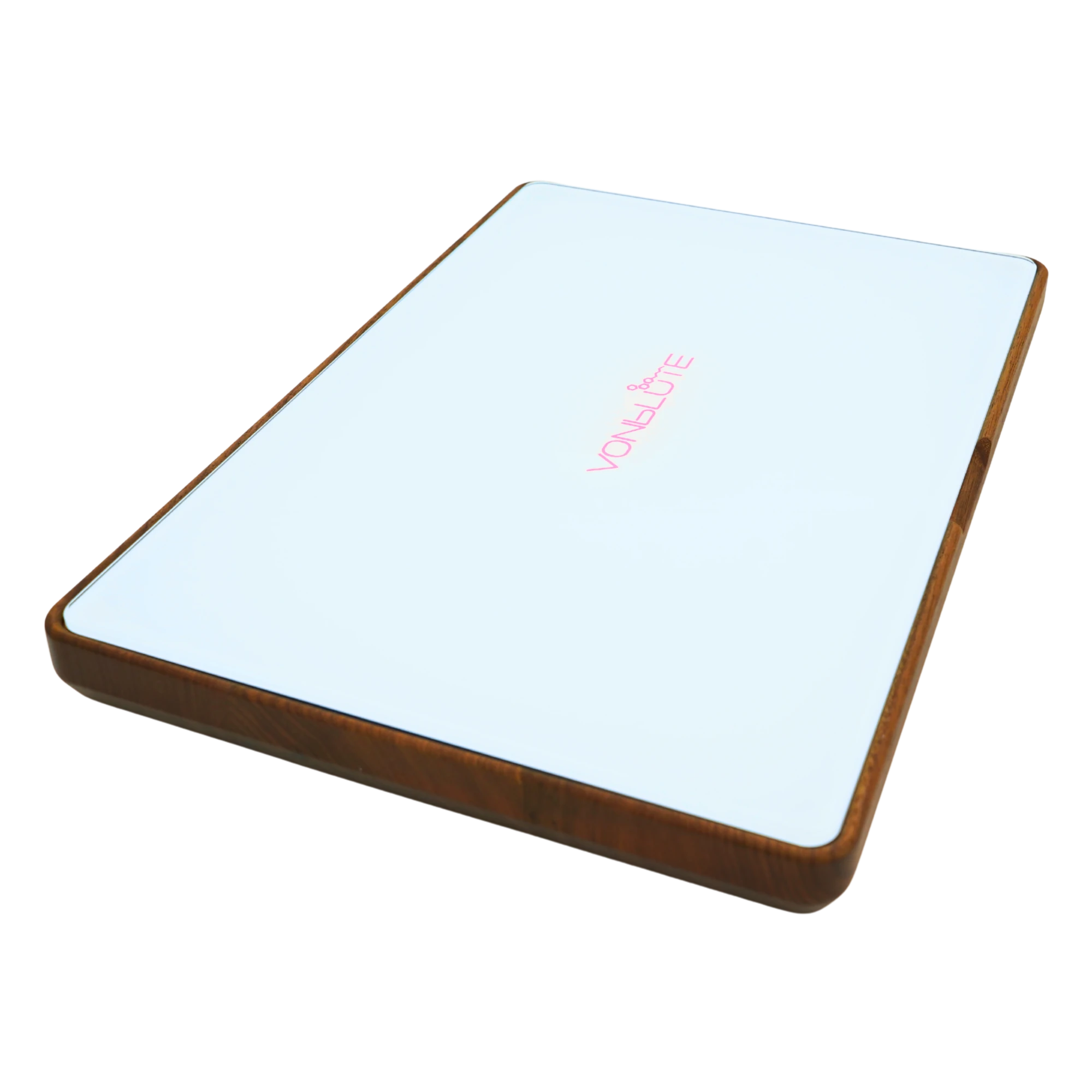 Rolling Tray Dab ’n Roll XT Pink Premium Designperspektive geschlossen von links mit pinkem Logo & weißem Verschluss aus Walnussholz.