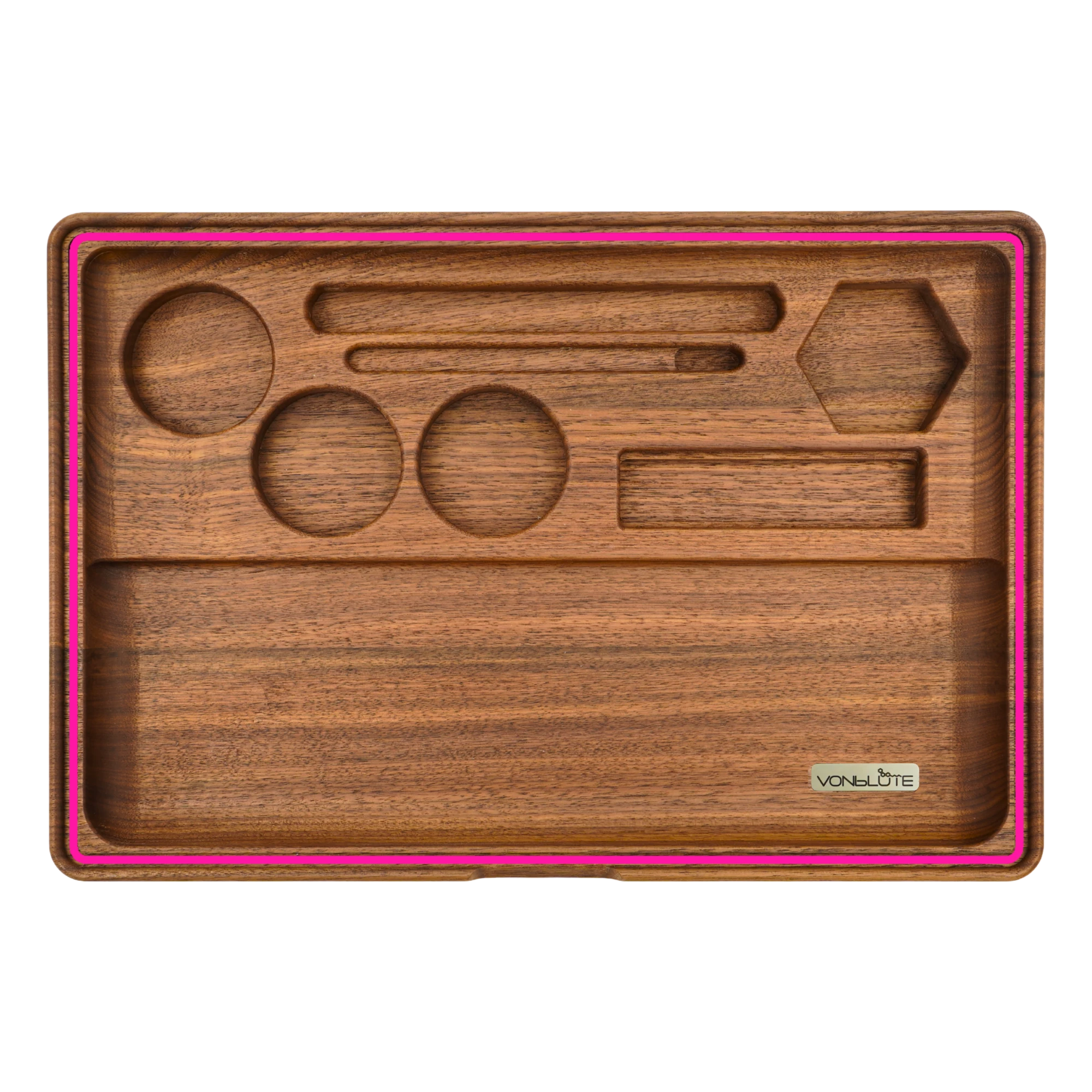Rolling Tray Dab ’n Roll XT Pink Premium in der Gesamtaufnahme des des Innendesigns. Walnussholz und pinker Dichtungsring.