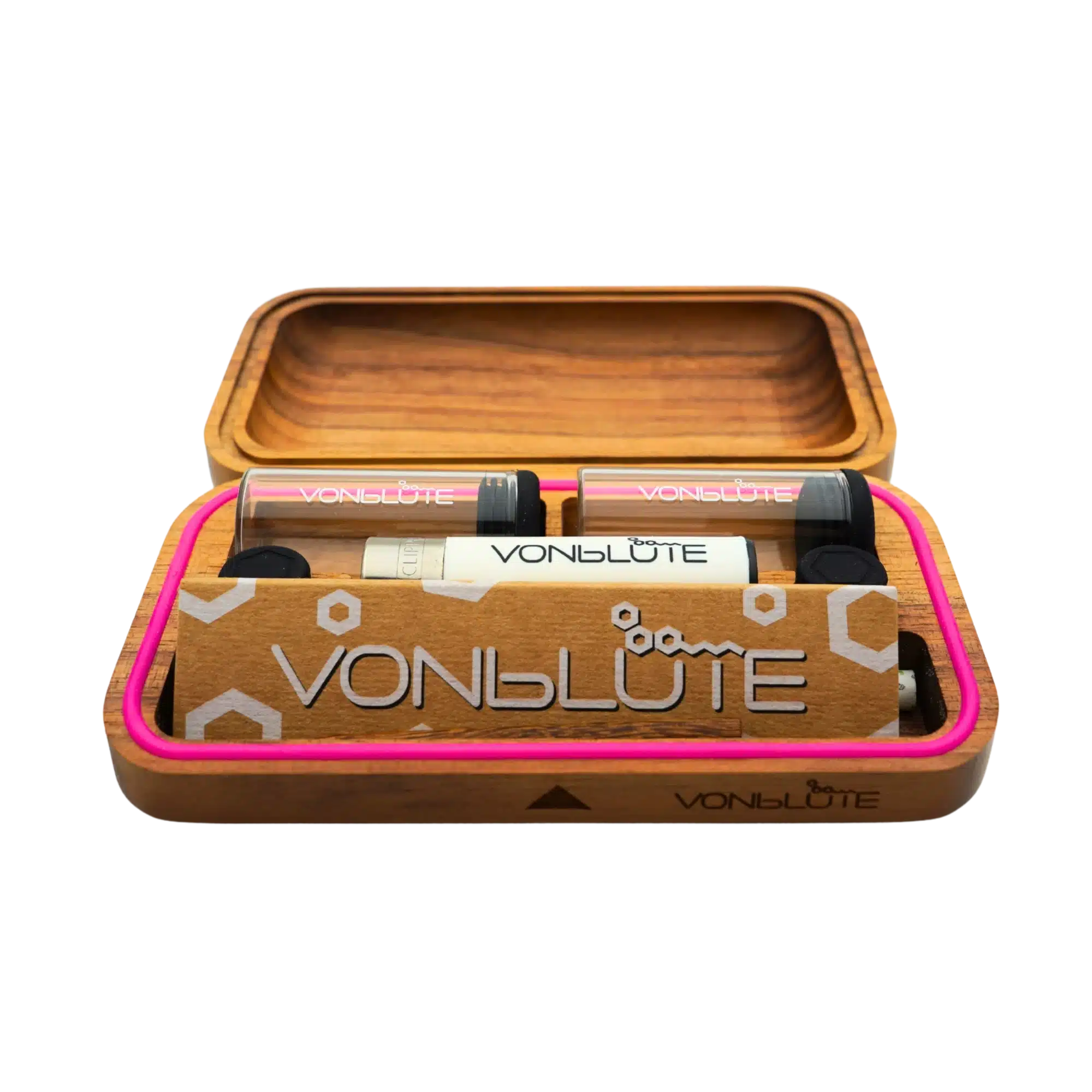 Rolletui® Pocket Rolling Tray Knockout Pink geöffnet mit Zubehör.