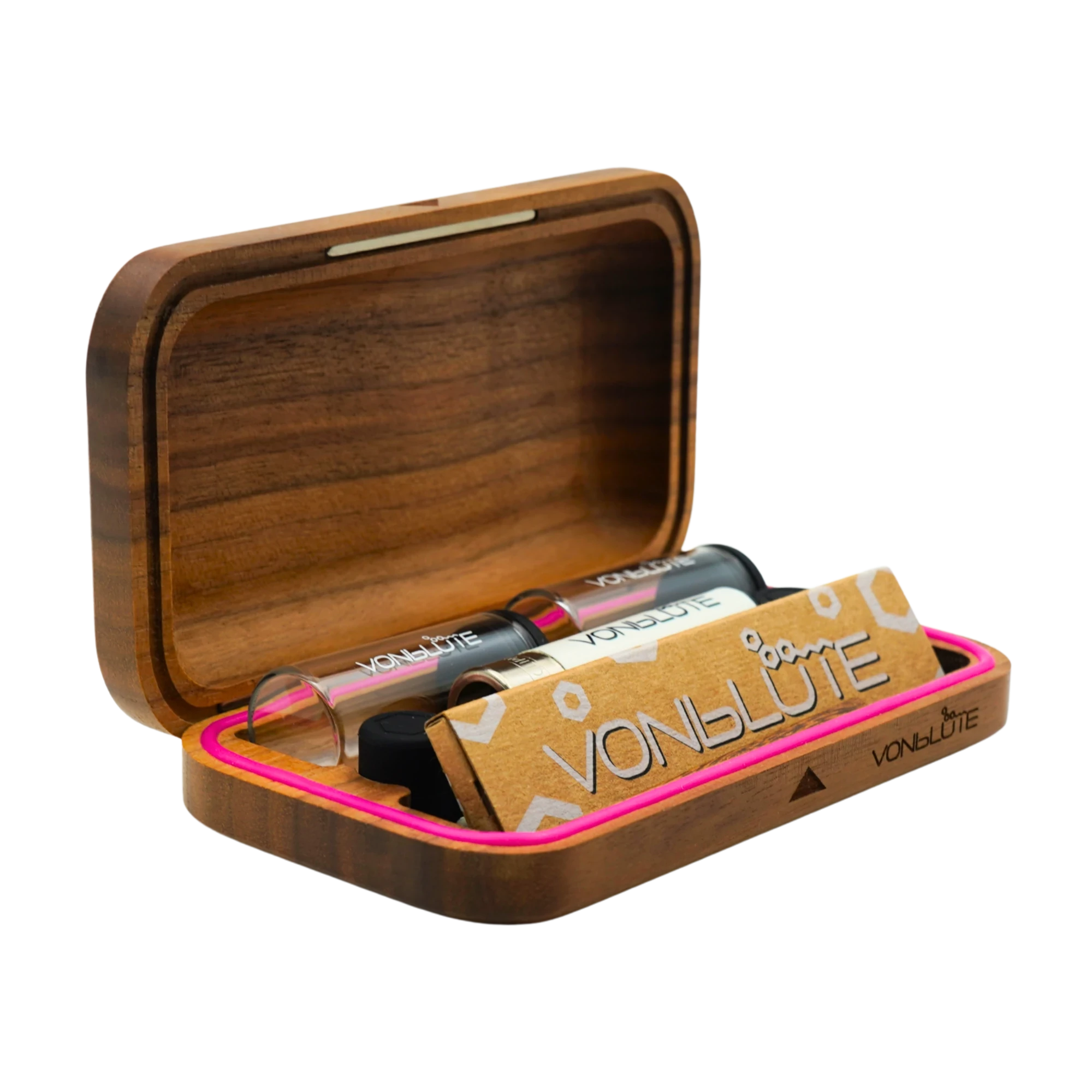 Pinkes Rolling Tray Rolletui® Mischschale Deckel nach oben arretiert. Komplete Ansicht des Zubehörs.