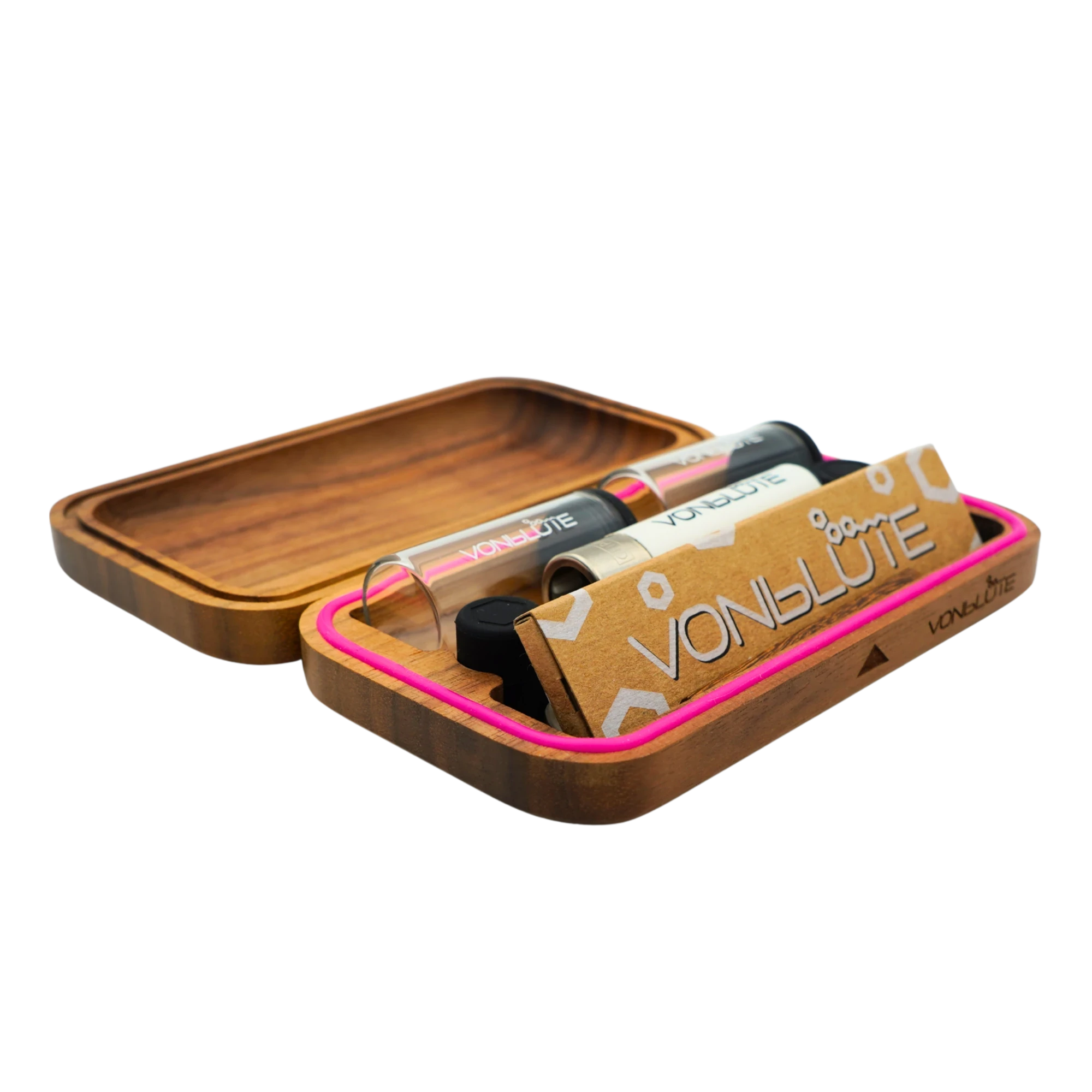 Pinkes Rolling Tray Rolletui® Mischschale aufgeklappt nach hinten.