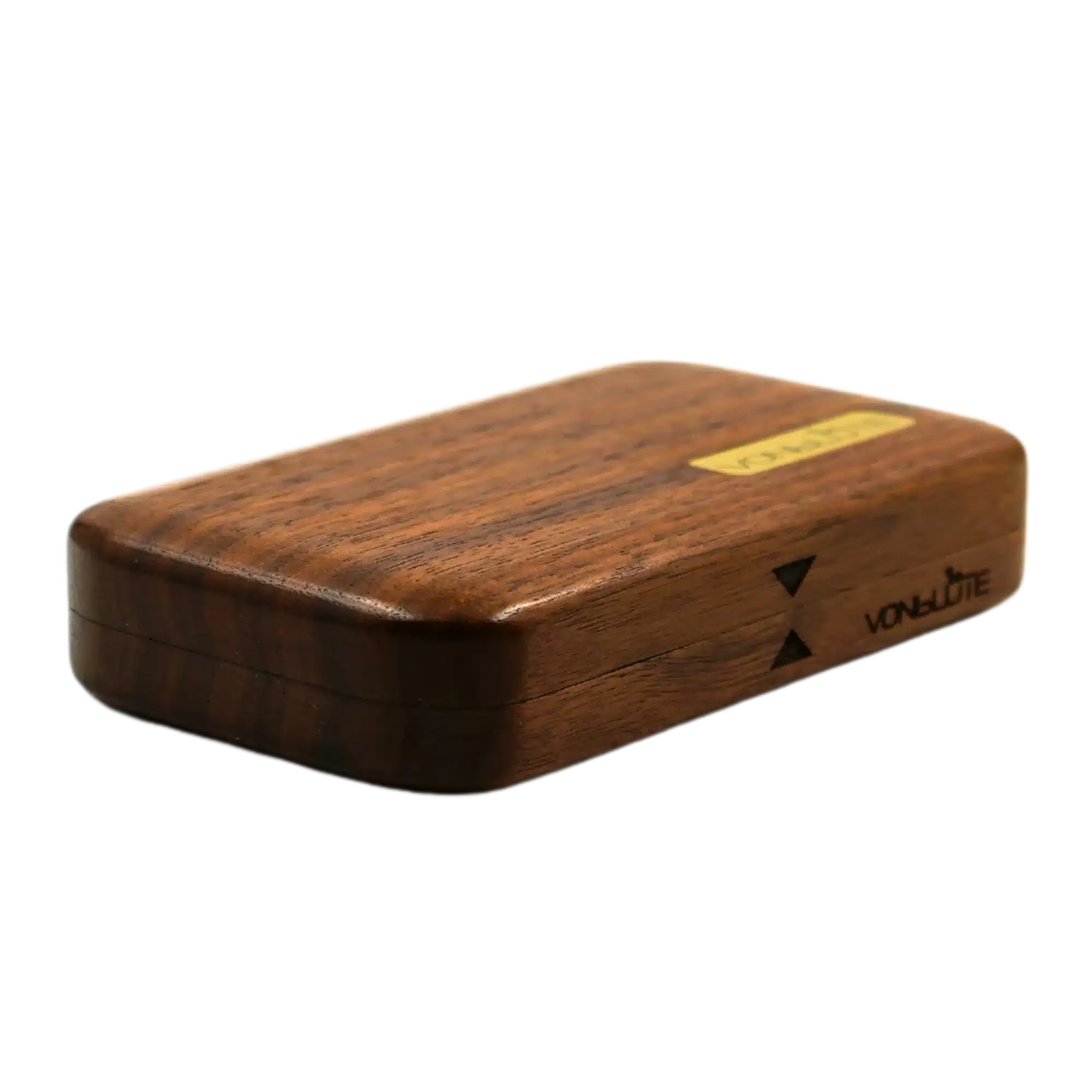 Pinkes Rolling Tray Rolletui® geschlossen von links. Feine Holzmaserung.