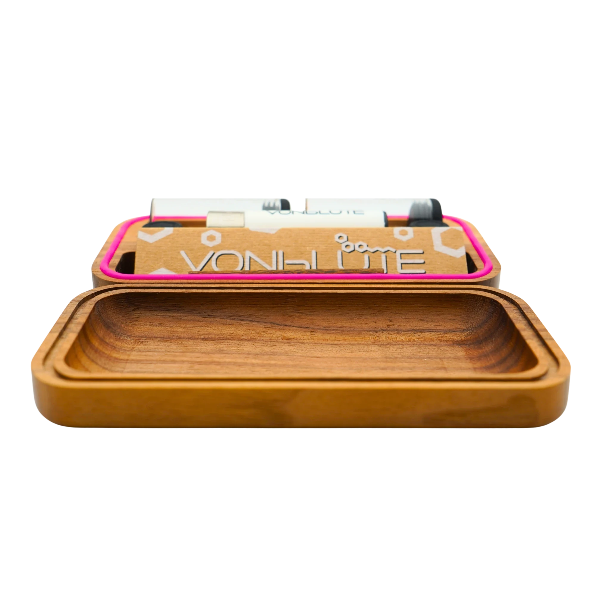 Pinkes Rolling Tray Rolletui® Mischschale frontal angebracht.