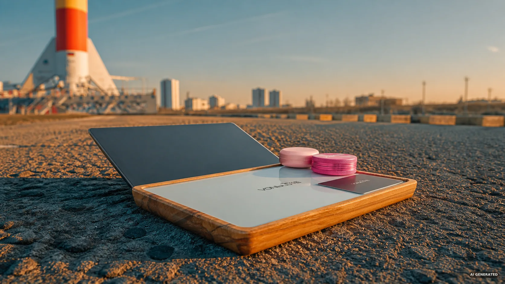 Geöffnete VONbLÜTE Holzbox mit Grinder und Zubehör im Sonnenuntergang auf Asphalt vor einer Rakete