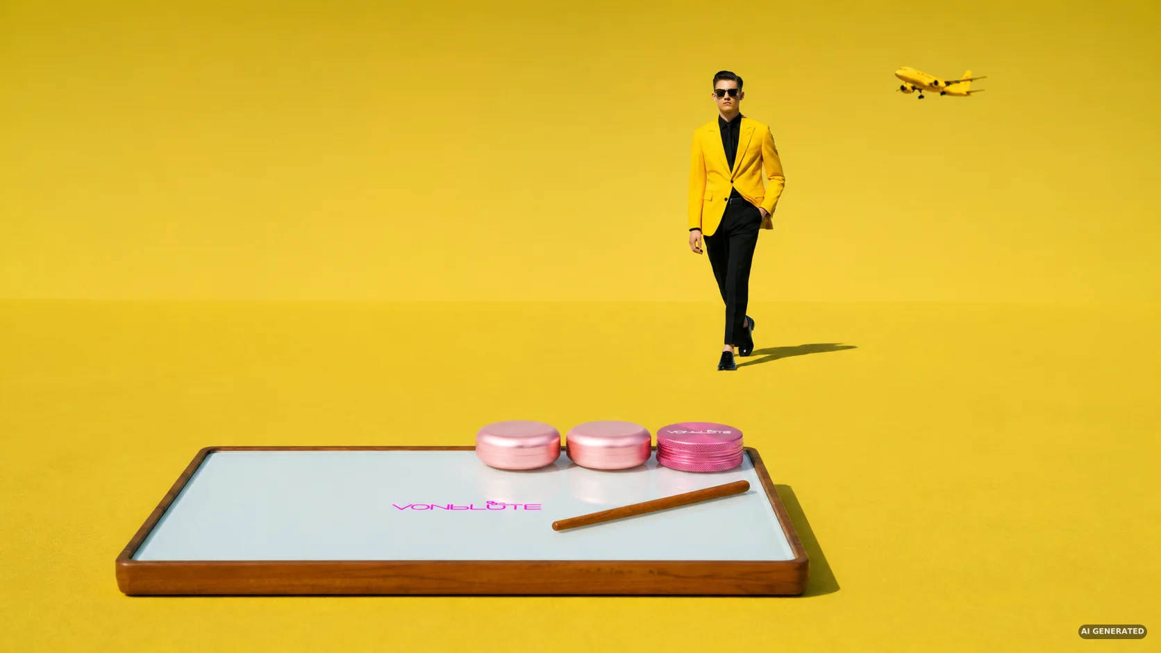 VONbLÜTE Rolling Tray aus Holz und Glas mit rosa Grinder und Dosen vor gelbem Hintergrund mit Mann im Anzug