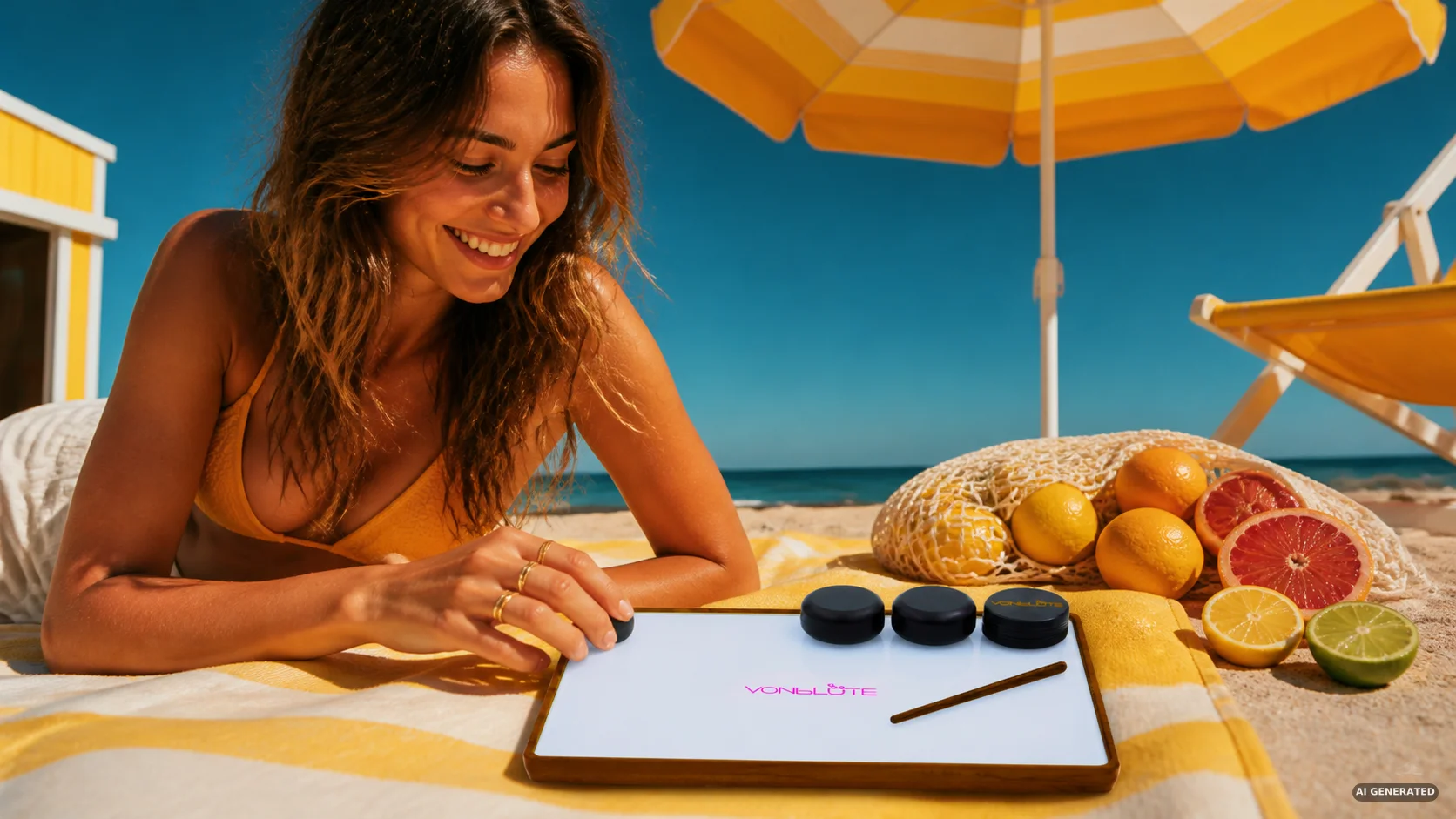 Frau am sonnigen Strand mit VONbLÜTE Rolling Tray aus Holz, Zubehör und Zitrusfrüchten auf gelbem Tuch