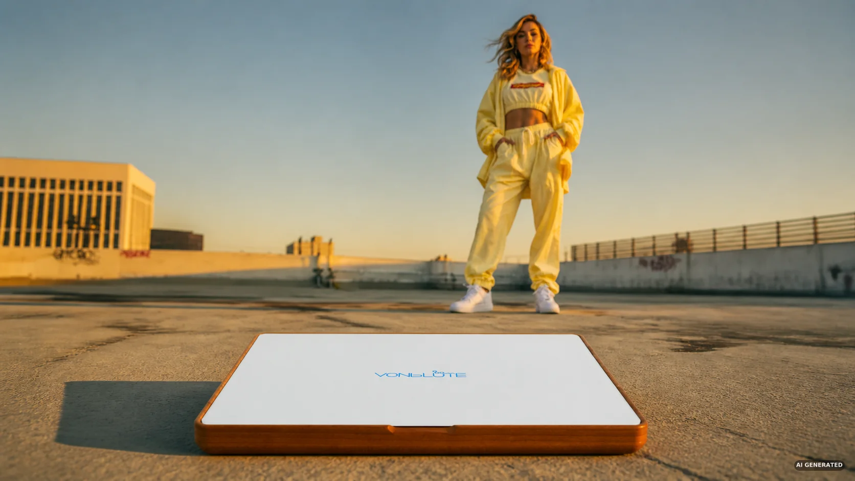 Geschlossenes VONbLÜTE Holz-Tray mit weißem Deckel auf einer Dachterrasse, im Hintergrund eine Frau im gelben Outfit