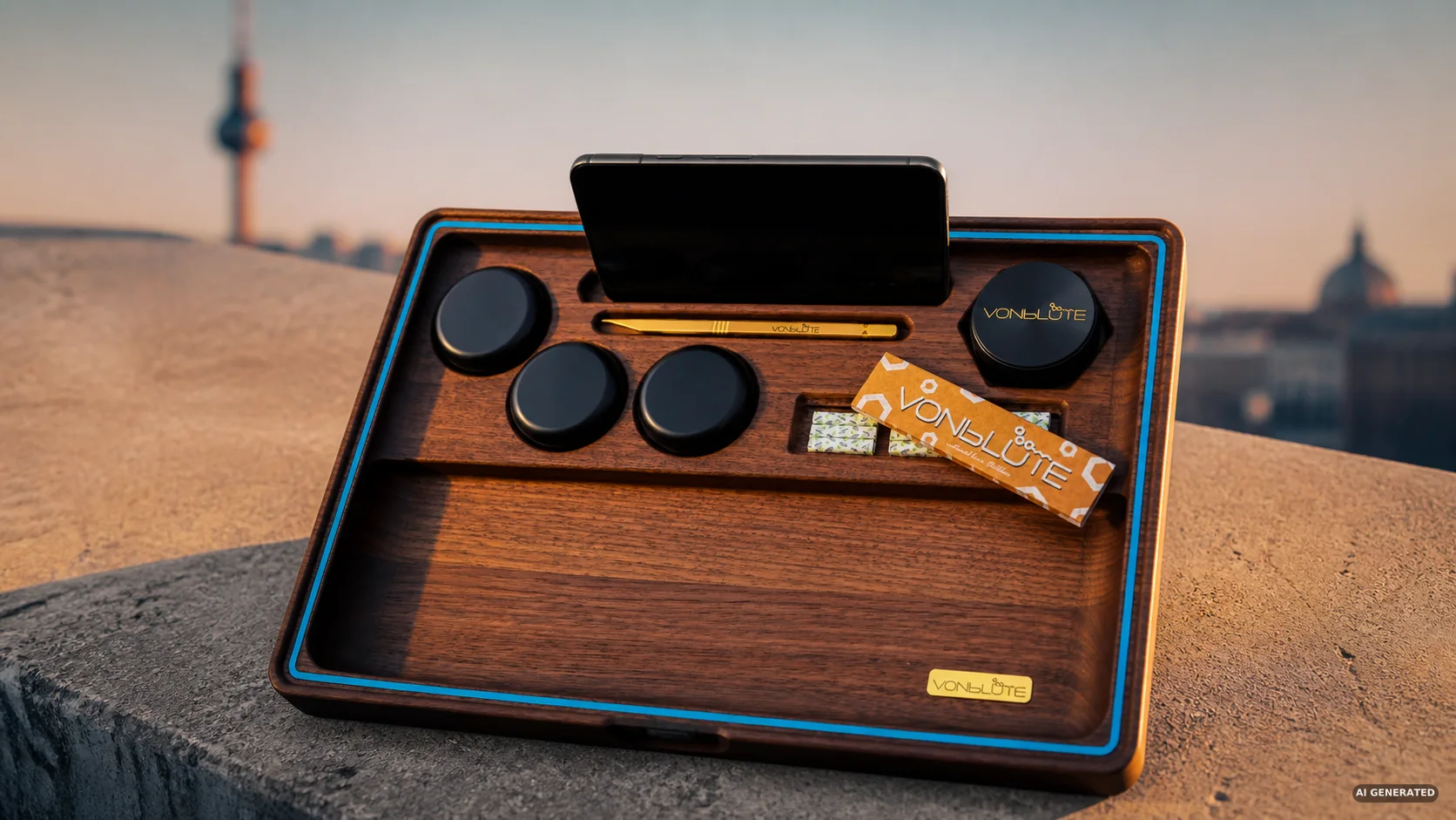 VONbLÜTE Rolling Tray aus dunklem Holz mit Zubehör und Smartphone auf einer Mauer vor der Berliner Skyline.