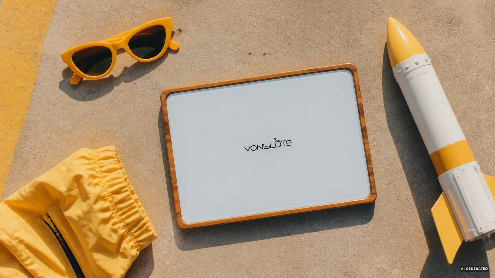 VONbLÜTE Holz-Tablett mit weißer Glasfläche, gelber Sonnenbrille und Spielzeugrakete auf sonnigem Betonboden.