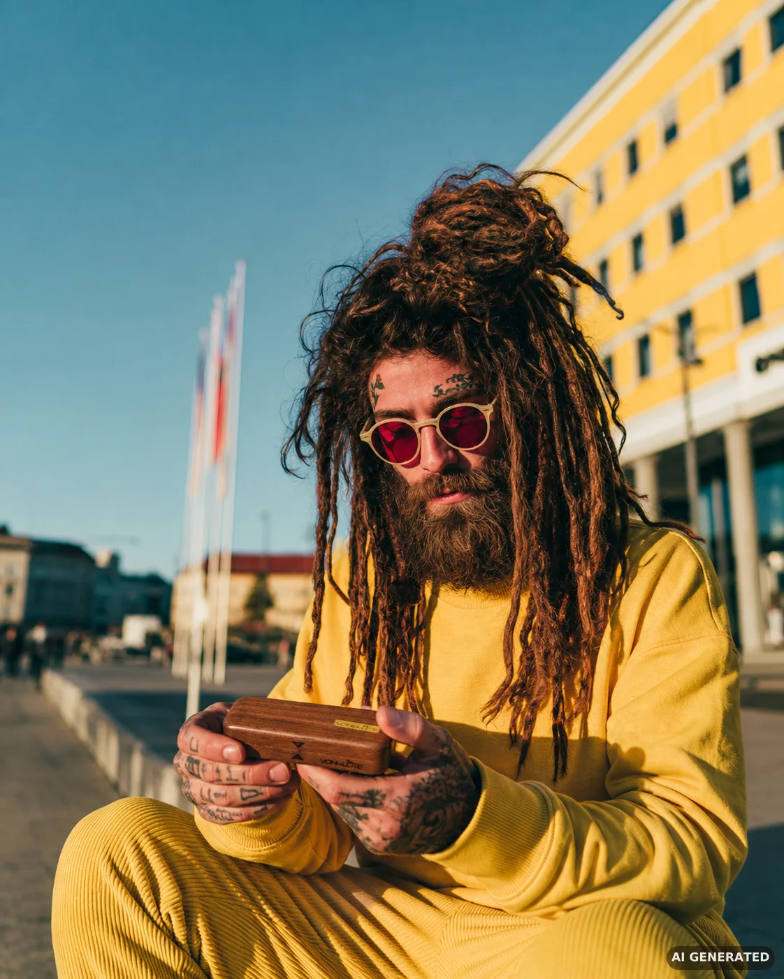 Mann mit Dreadlocks und Sonnenbrille hält ein Holz-Etui von VONbLÜTE in den Händen im Sonnenlicht