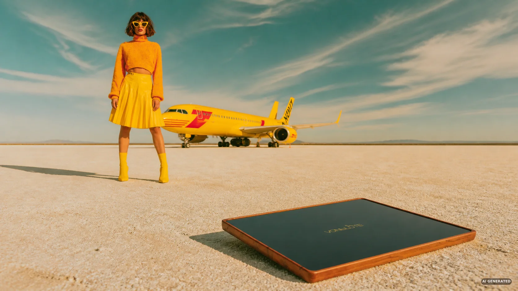 VONbLÜTE Holz- und Glastablett im Sand vor einer Frau in Gelb und einem Flugzeug in der Wüste.
